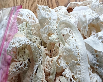 Vintage White and Cream Lace Trim Scrap Bundle: Slow Stitching Embellishments. Half gallon bag