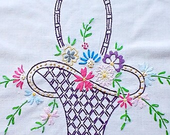 Large embroidered flower basket pillow cover, quilt block