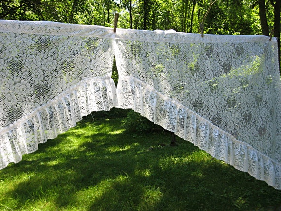 Pair Of White Floral Lace Swag Curtains Triple Roses 80 Etsy