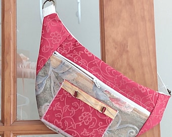 Red Brocade Sling Bag, Abstract Patchwork Fanny Pack