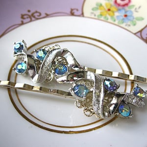 Wedding hair pins, silver and light blue rhinestone, vintage earring bobby pins, vintage jewelry hair pins, bridal hair pins, bridesmaid image 1