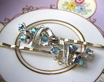 Wedding hair pins, silver and light blue rhinestone, vintage earring bobby pins, vintage jewelry hair pins, bridal hair pins, bridesmaid