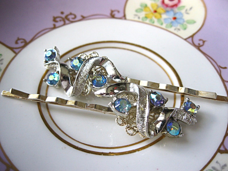 Wedding hair pins, silver and light blue rhinestone, vintage earring bobby pins, vintage jewelry hair pins, bridal hair pins, bridesmaid image 1