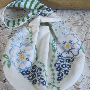 Blue floral embroidered Japanese Knot Bag for bride, bridesmaids, wedding, prom, special occasion, vintage linen, wristlet, reversible image 2