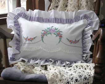 Purple wreath floral lumbar pillowcase, vintage linen pillow case, stripes and flowers, ruffled, bed & breakfast, farmhouse, cottage chic