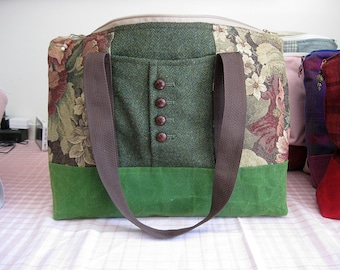 Bolsa de viaje de lana reciclada y lona encerada, bolsa de viaje con tapiz verde