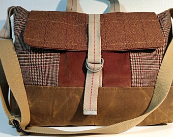 Rust Brown Waxed Canvas/Recycled Wool Messenger bag, 15" laptop / Briefcase Shoulder bag, Brown Plaid Wool