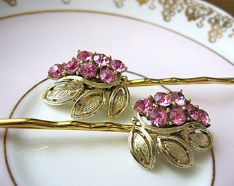 Wedding hair pins, rose gold/pink rhinestone hair pins, vintage earring hair pins, vintage bobby pins, bridal hair pins