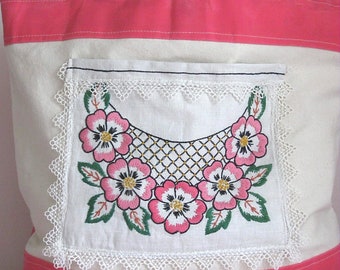 Big canvas beach/summer tote bag, white and pink with embroidered flower front pocket