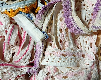 Colorful Vintage Lace Trim Scrap Bundle: Slow Stitching Embellishments. Half gallon bag
