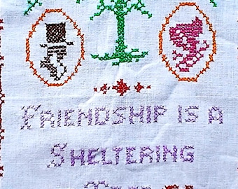 Vintage embroidered friendship sampler, pillow cover, quilt block