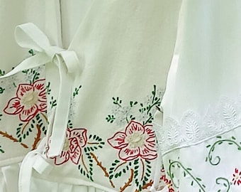 S-M Embroidered Red Roses Linen Blouse, Vintage Tablecloth Tie Front Peplum