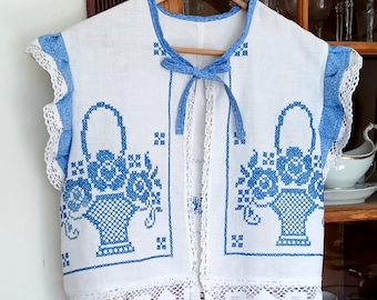 XS-S Blue Baskets Upcycled Embroidered Linen Blouse, Vintage Table Runner, Tie Front Jacket
