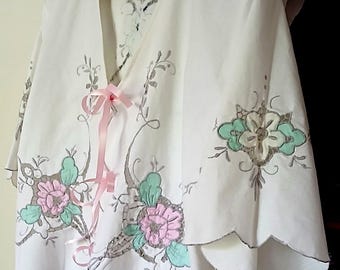 Embroidered Linen Tie Front Blouse, Upcycled Vintage Madeira Tablecloth, XL-XXL