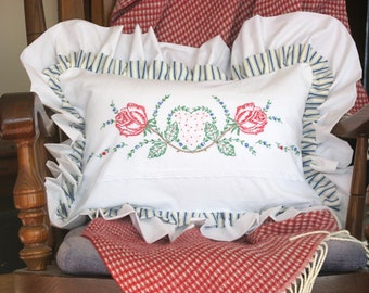 Red roses with heart lumbar pillow case, vintage linen pillowcase, stripes and flowers, ruffled, bed & breakfast, farmhouse, cottage chic