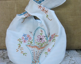 Embroidered Japanese Knot Bag, peach and turquoise basket for bride, bridesmaid, wedding, prom, special occasion, wristlet, reversible