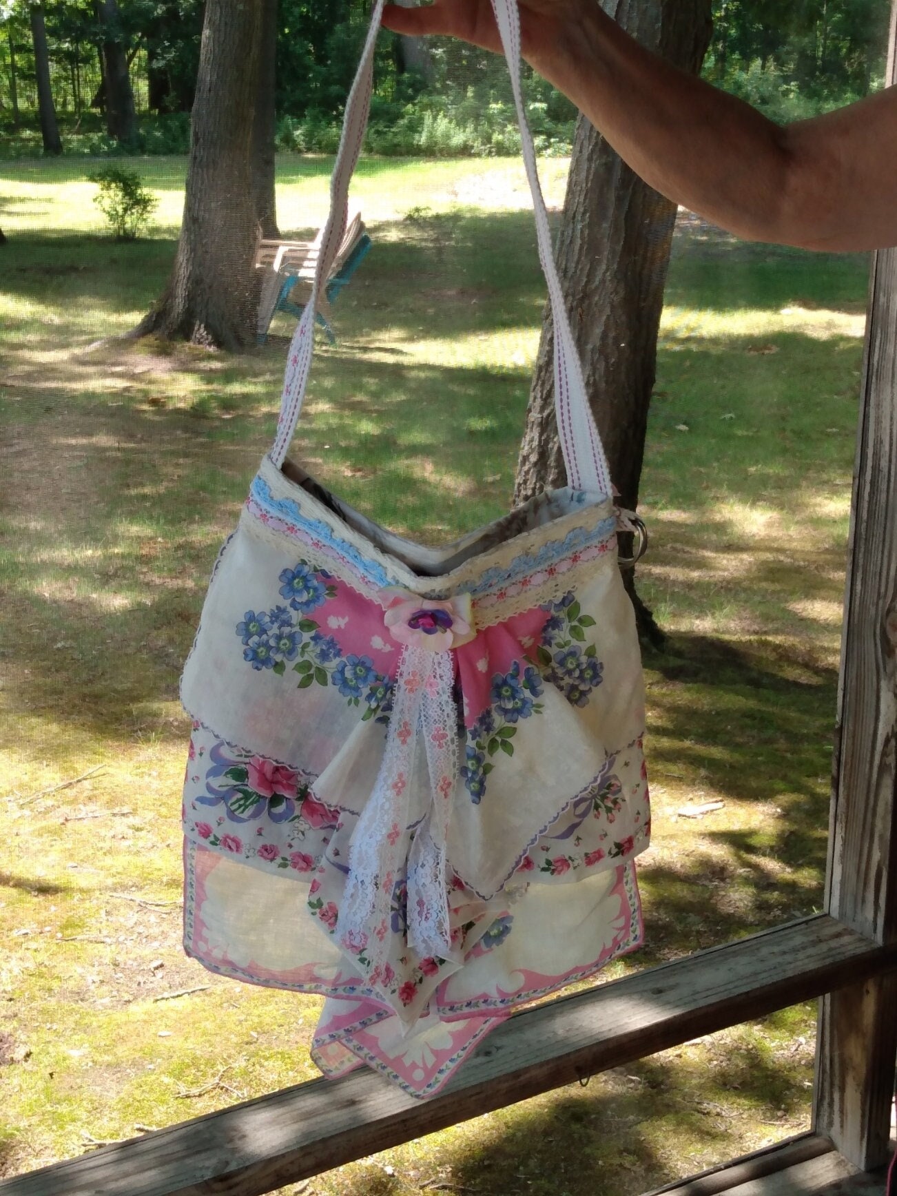 Shabby boho chic crossbody bag, pink, blue and lavender flowers, vintage hanky ruffled shoulder bag, shabby summer purse, one of a kind