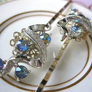 Wedding hair pins, silver and light blue rhinestone, vintage earring bobby pins, vintage jewelry hair pins, bridal hair pins, bridesmaid image 2