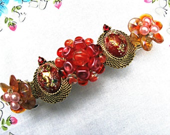 Large red barrette, Cherry red barrette, Cherry pink, Red and gold hair pin, vintage assemblage