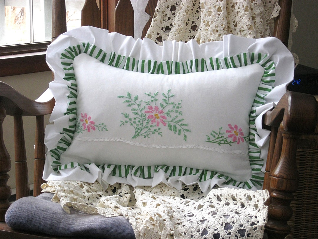 Pink and Green Floral Lumbar Pillowcase, Vintage Linen Pillow Case