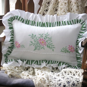 Pink and green floral lumbar pillowcase, vintage linen pillow case, stripes and flowers, ruffled, bed & breakfast, farmhouse, cottage chic