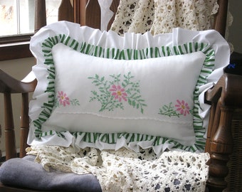 Pink and green floral lumbar pillowcase, vintage linen pillow case, stripes and flowers, ruffled, bed & breakfast, farmhouse, cottage chic