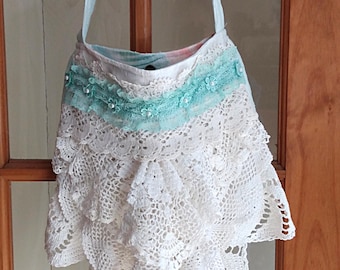 Handmade Doily Crossbody Bag, Shabby Chic White Lace, Mint Green Trim