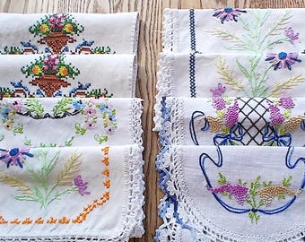 Large blue vintage embroidered linen pouch for gifts, jewelry, keepsakes, sachets and potpourri