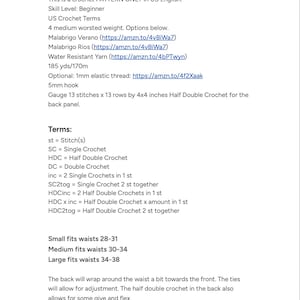 May include: A digital document titled Before you begin, detailing a beginner-level crochet pattern in US English. It lists materials including 4 medium worsted weight yarn, a 5mm hook, and 1mm elastic thread, plus gauge, stitch abbreviations, and waist sizes.