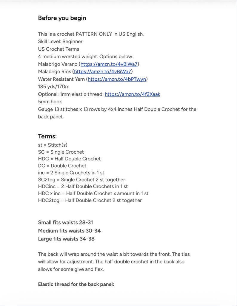 May include: A digital document titled Before you begin, detailing a beginner-level crochet pattern in US English. It lists materials including 4 medium worsted weight yarn, a 5mm hook, and 1mm elastic thread, plus gauge, stitch abbreviations, and waist sizes.