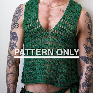 May include: A green crochet top and matching bottoms. The top has a deep V-neck and open weave design. The text "PATTERN ONLY" is displayed across the image. The crochet set is a vibrant shade of green.