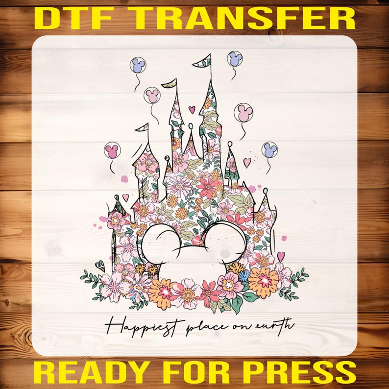 Floral Disney Castle DTF Transfer, Mickey Mouse Iron On Decal image 1