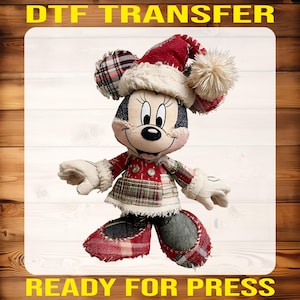May include: A Minnie Mouse DTF transfer design, ready for press. The design features Minnie Mouse in a festive outfit, including a red and white plaid hat and dress. The text "DTF TRANSFER" and "READY FOR PRESS" are in yellow.