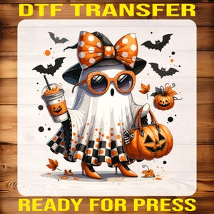 Trendy Ghost Halloween DTF Transfer, Cute Pumpkin Bag Witch Ghost with Coffee Dtf, Orange Polka Bow Fall Girl Iron On, Spooky Ready to Press