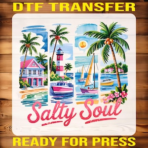 Salty Soul Beach Scene Ready to Press, Coastal Tropical Summer Shirt Dtf Transfer, Palm Tree Ocean Iron On Transfer, Sailboat Heat Press