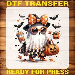 Trendy Halloween Ghost Iron On Decal, Pumpkin Purse Coffee Cup Ghost DTF, Cute Orange Polka Bow Heat Press, Fall Witchy Ghost Ready to Press