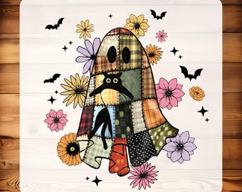 Patchwork Ghost Halloween Ready to Press, Cute Floral Ghost Iron On, DTF Transfer Spooky Season Design, Heat Press Funny Fall Halloween Dtf