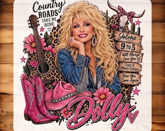 May include: A DTF transfer featuring a blonde woman with voluminous hair, a denim jacket, and fringe. Elements include a leopard print acoustic guitar, pink cowboy boots, a pink hat, flowers, and a sign listing song titles like Jolene and 9 to 5.