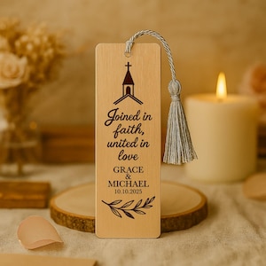 Rustic Wooden Bookmarks with Gold Tassel, Engraved Wedding Favors for Guests, Bulk Engagement Party Gifts
