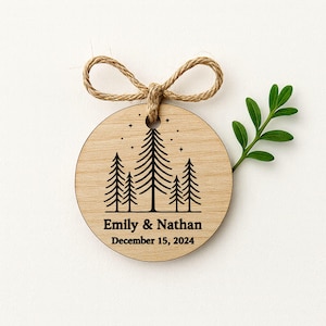 Personalized Christmas Wedding Favor: Laser Engraved Wood Ornament, Coaster or Magnet