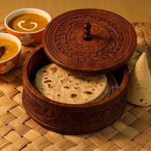 May include: A round, dark brown wooden container with a carved floral pattern on the lid and sides. The lid features a small, spherical knob handle. Inside the container, several flat, round, light-colored pieces of flatbread are stacked.