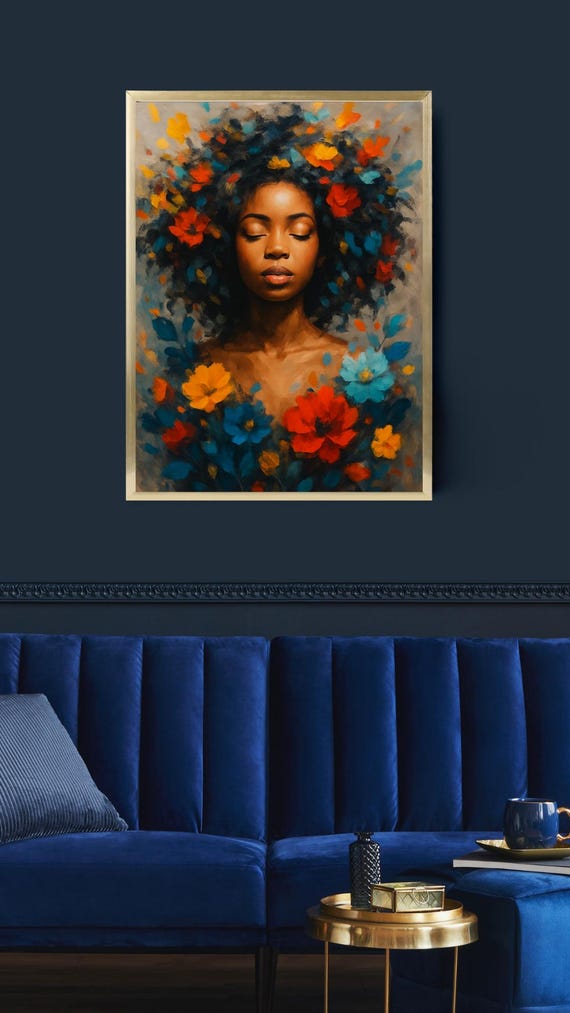 Digital Portrait of a Woman with Flowers – Afro-Inspired Pop Art Wall Art – Digital Poster to Print – StixPixCo