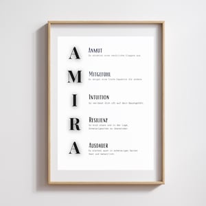 Póster con el nombre Amira – Impresión personalizada con el significado de la letra – Regalo digital para bebé, nacimiento, bautizo, niña, decoración de habitación