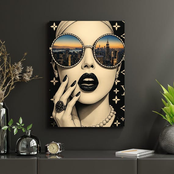 Luxury Fashion Poster – Woman with New York Skyline Glasses – Black Gold Style – Wall Art in A4, A3, 30x40, 50x70, 8x10 – Printable
