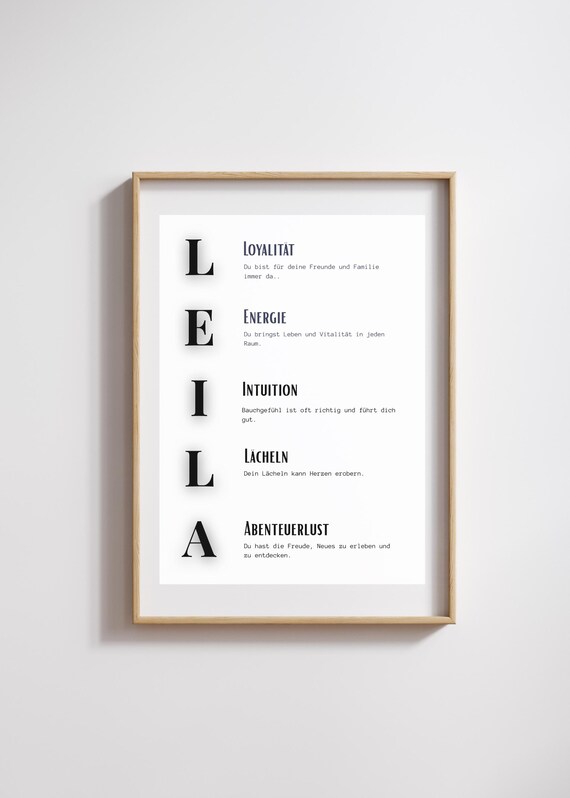 Leila Name Poster – Personalized Letter Meaning | Watercolor Design, Digital Download | Gift for Baby, Birth & Baptism