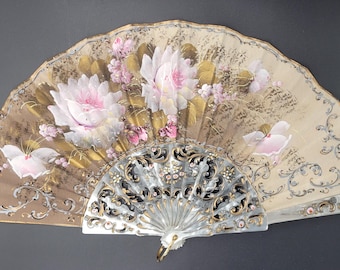 Handbemalter spanischer Vintage-Fächer – Schildpatt- und Perlmutt-Imitation – Blumenmuster – Mitte des 20. Jahrhunderts (1960er-1970er Jahre) – 39 cm / 15,3 Zoll