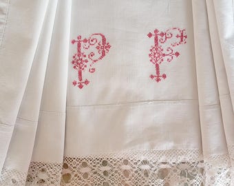 Antik linne-bomullsblandad lakan med handgjord spets, tidigt 1900-tal med monogramtryck 190x240 cm
