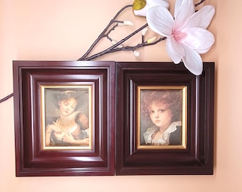 Vintage Silk Portrait Pair, Jean-Baptiste Greuze Reproductions, Mid-Century Framed Silk Art, "Boy in Red Waistcoat" & "Girl with Canary"