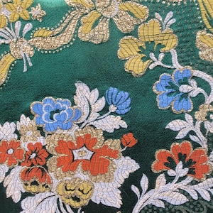 Vintage Valencian Silk Brocade Fabric Scraps - Emerald Green with Floral Embroidery & Metallic Gold Thread - Great Condition for Crafting