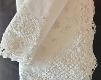 Antique Linen, Cotton Bedding Set – Handmade Lace & Embroidery (1930s-40s)